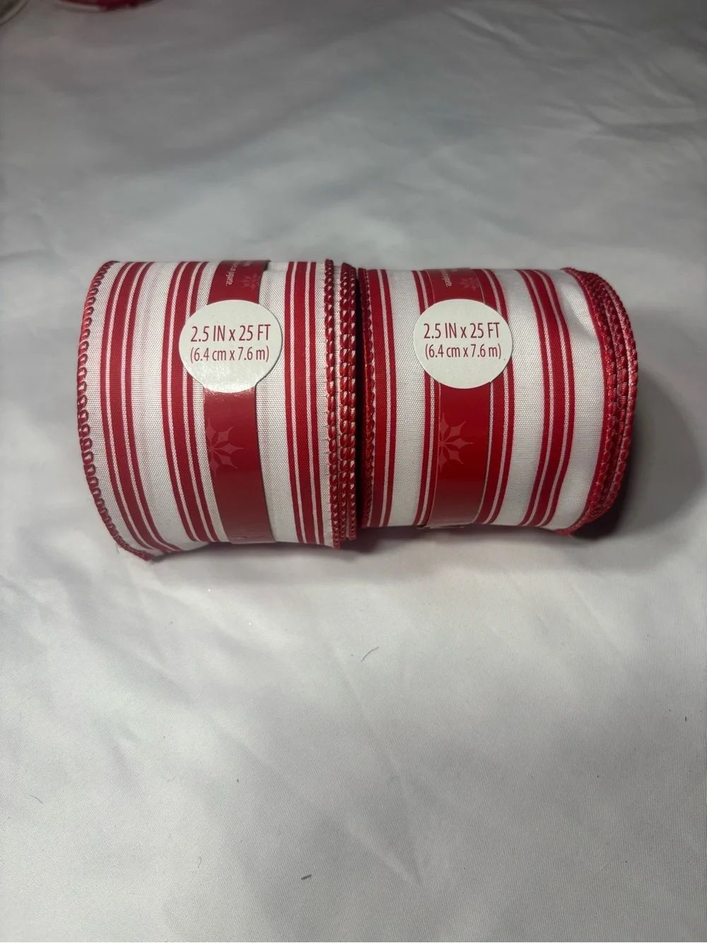2 New Red and White Striped Decorative Ribbon Rolls Christmas 2.5” x 25’